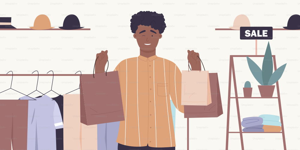 People shopping on discount shop sales vector illustration. Cartoon happy shopper man character holding shopping bags, buying gifts, standing in interior of fashion store or boutique background