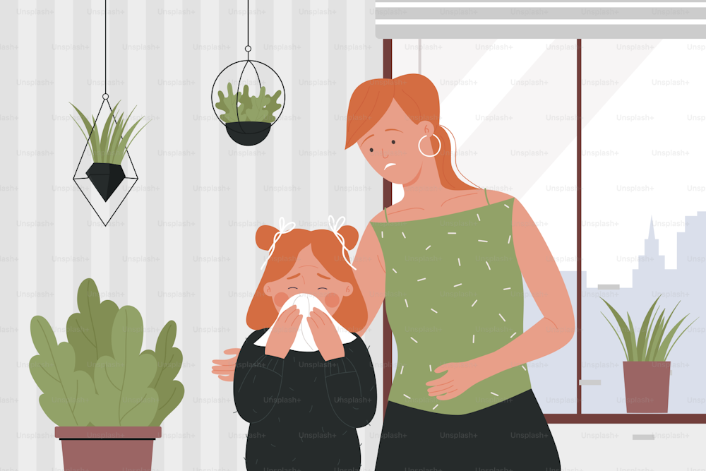 Mother and unhappy daughter sick, family ill vector illustration. Cartoon sad girl child character holding handkerchief, has runny nose and cold flu, standing with mom in home room interior background