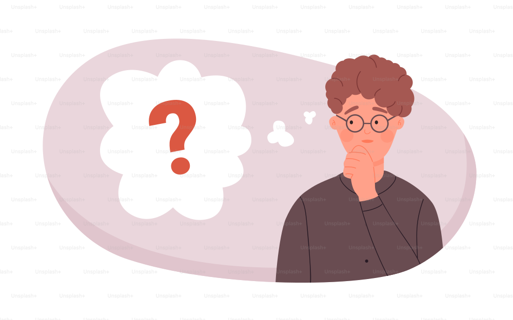 Find answer idea to question vector illustration. Cartoon curious male character standing near question mark in cloud, nerd student with glasses thinking over study or work problem isolated on white