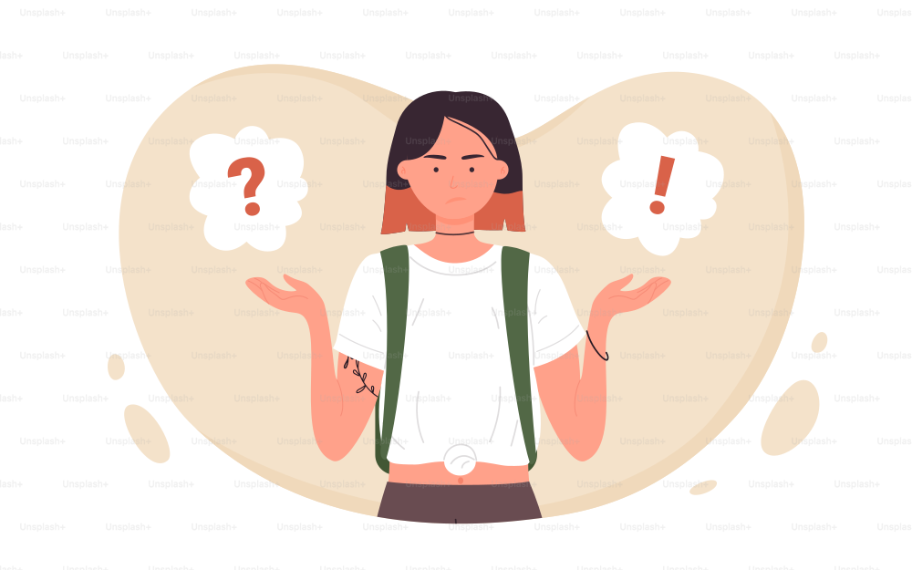 Girl asking question, dilemma concept vector illustration. Cartoon young female character making choice, solving problem, teen standing near question and exclamation mark in clouds isolated on white