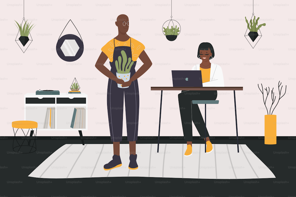 Couple people spend time at home together vector illustration. Cartoon girl character working at table on laptop, man doing home gardening, holding houseplant in pot in modern room interior background