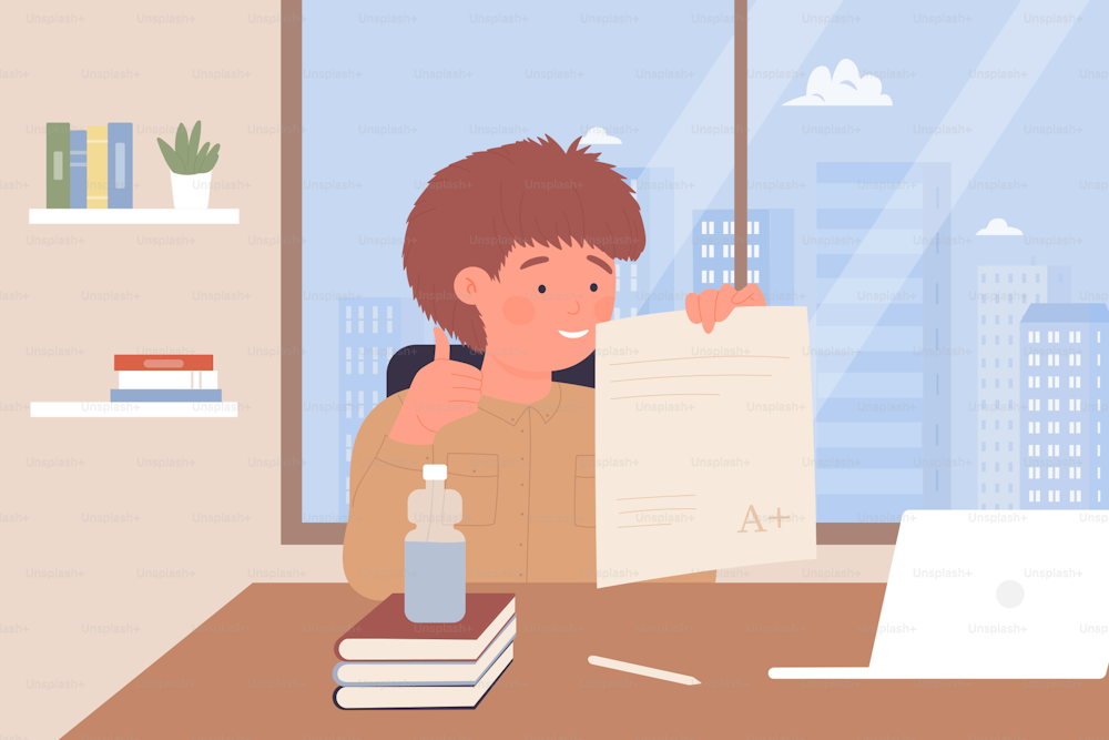 Children students study at home vector illustration. Cartoon cute little boy child character studying, holding paper with homework, sitting at table with books and laptop in home interior background