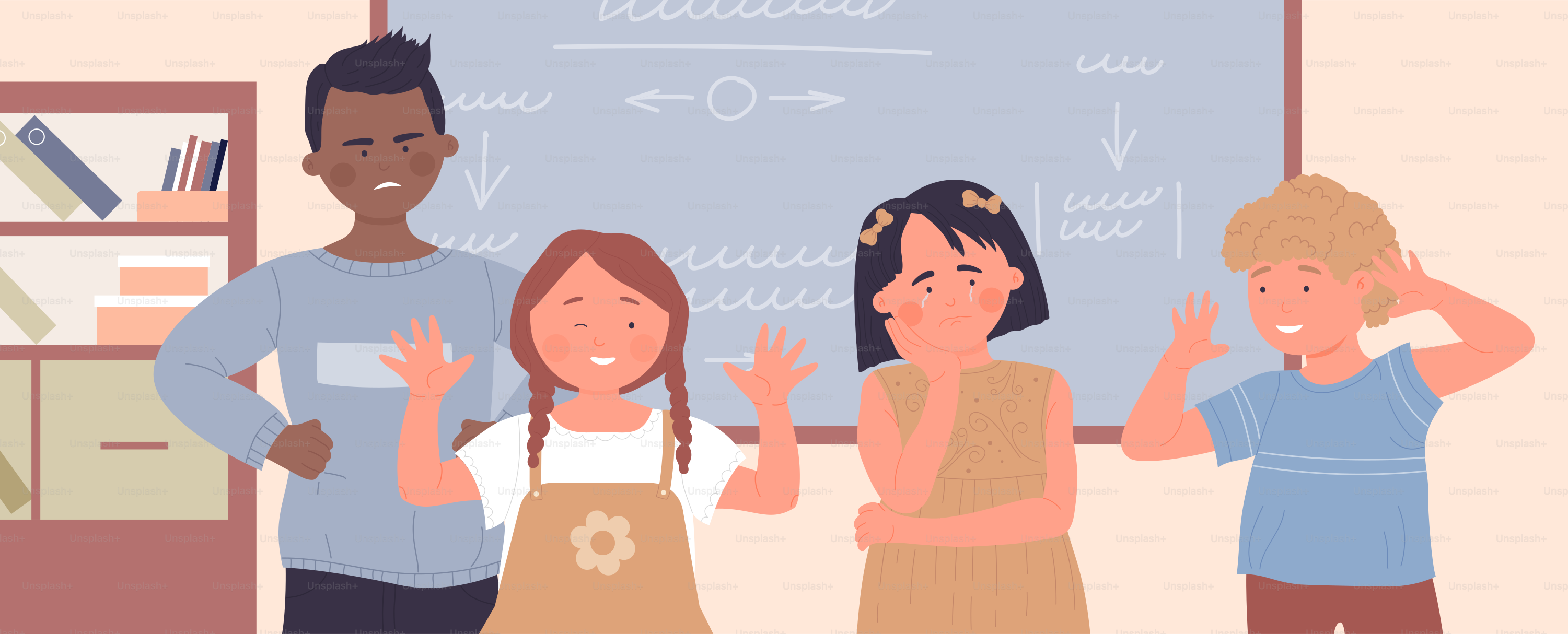 School children bully class mate in classroom vector illustration. Cartoon violence, kids aggression to friends, students bullying crying sad girl child character, bad teenager behavior background