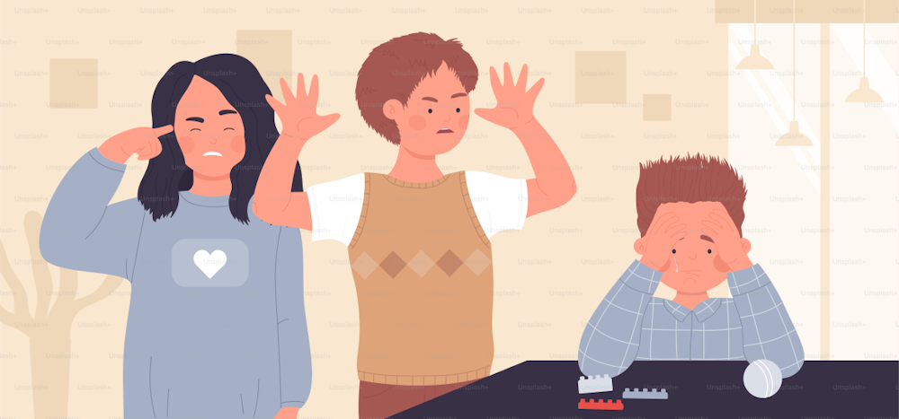 School children with bullying, mockery shaming problem vector illustration. Cartoon afraid victim teen character sitting at table, angry haters boy and girl bully crying child in classroom background