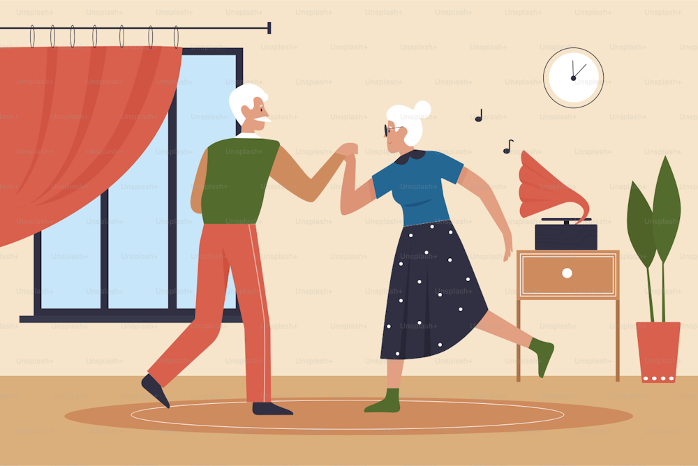 Elderly couple dance at home living room interior vector illustration. Cartoon senior woman man characters dancing to music, older grandfather and grandmother dancers, happy retirement background