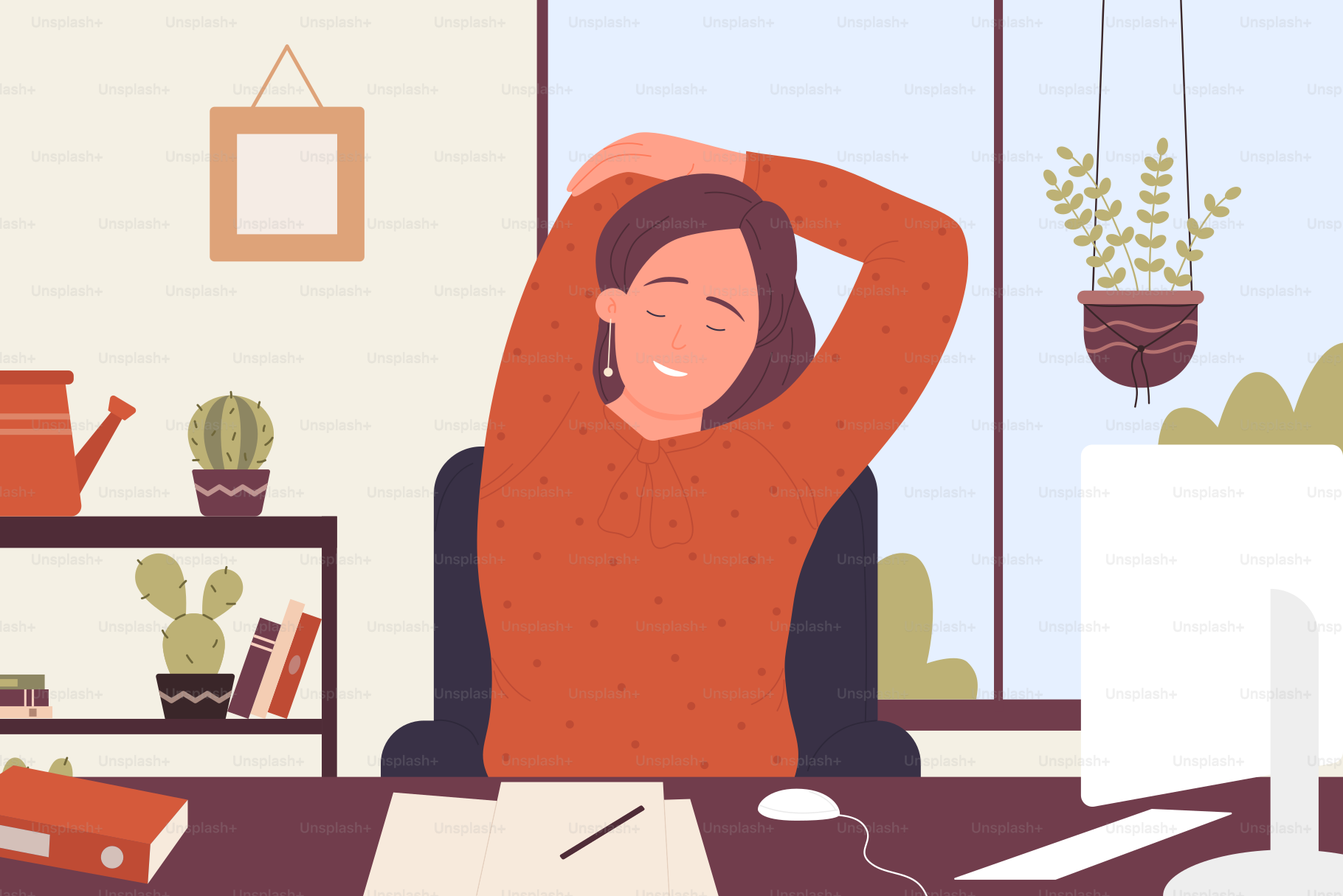 Happy woman finished freelance work vector illustration. Cartoon young confident female character sitting at computer desk, stretch and relax after working in home apartment interior background