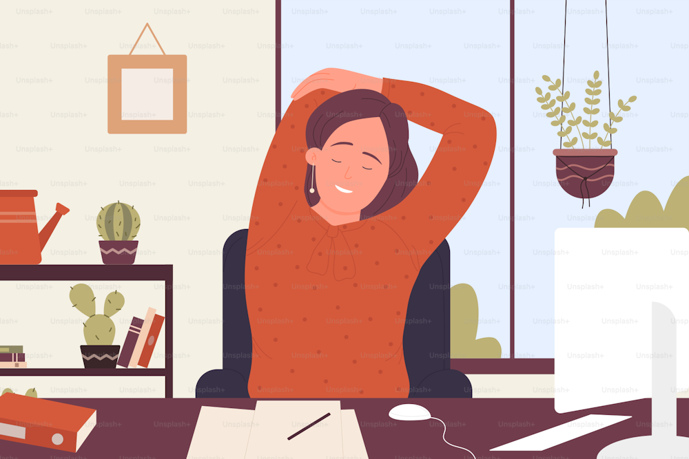 Happy woman finished freelance work vector illustration. Cartoon young confident female character sitting at computer desk, stretch and relax after working in home apartment interior background