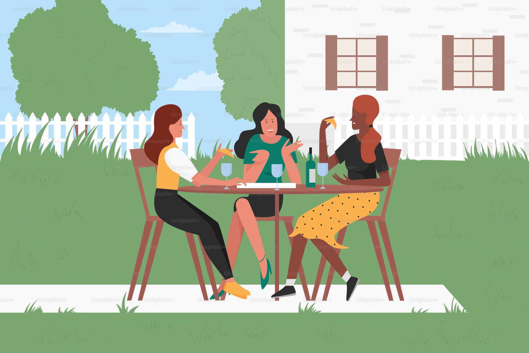 Amiche che bevono vino in giardino d'estate, illustrazione vettoriale di amicizia femminile. I personaggi delle vicine dei cartoni animati si divertono alla festa a casa, seduti a tavola e bevendo vino dai bicchieri sullo sfondo