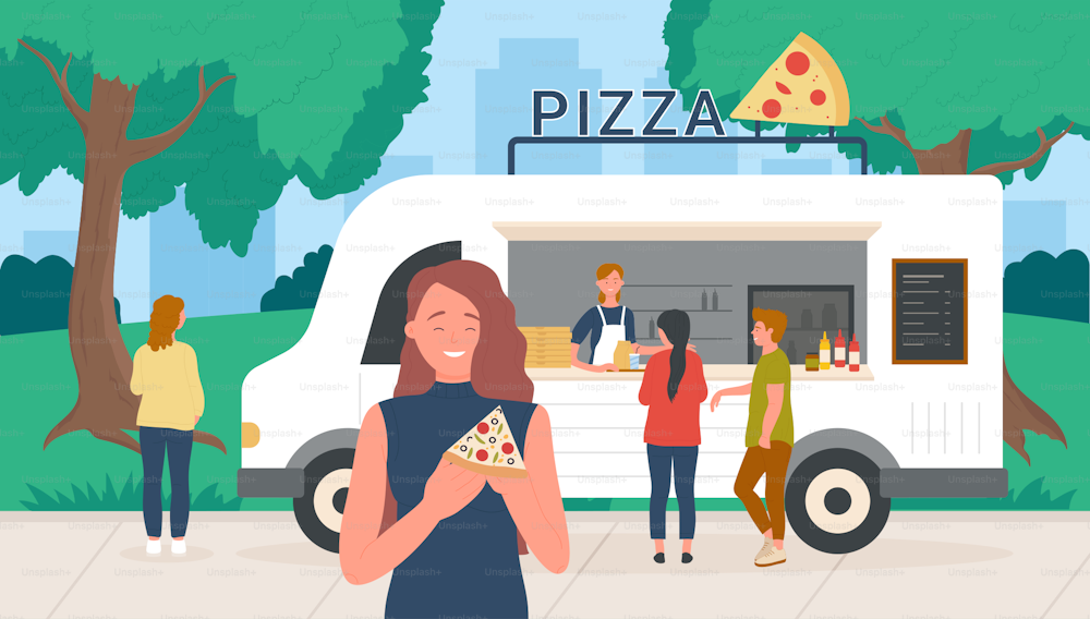 Pizza street market food truck van in summer park and people eat fastfood vector illustration. Cartoon young happy woman character eating pizza slice snack near mobile cafe restaurant background