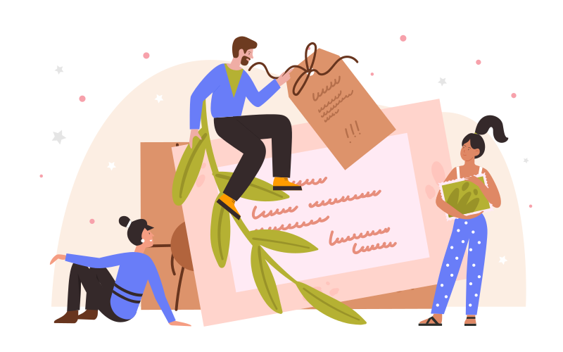 Persone con lettera di corrispondenza in illustrazione vettoriale di busta di carta. Personaggi della donna del piccolo uomo del fumetto in piedi vicino alla grande busta retrò con francobollo, concetto di messaggio di posta elettronica isolato su bianco