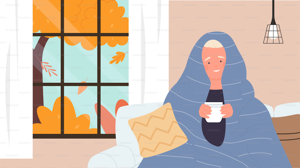 Heißer Tee oder Schokoladentasse für niedliche Kinder-Vektor-Illustration. Cartoon-Jungen-Kinderfigur, die heißes Teegetränk hält und unter einer kuscheligen Decke in einem Komfort-Zimmer am Fenster mit Herbstlandschaftshintergrund sitzt