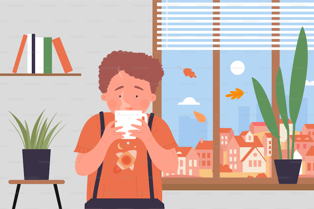 Cozy time at home, kid with tea or chocolate mug vector illustration. Cartoon boy child character holding hot tea cup in hands, drinking warming drink by window with autumn city landscape background