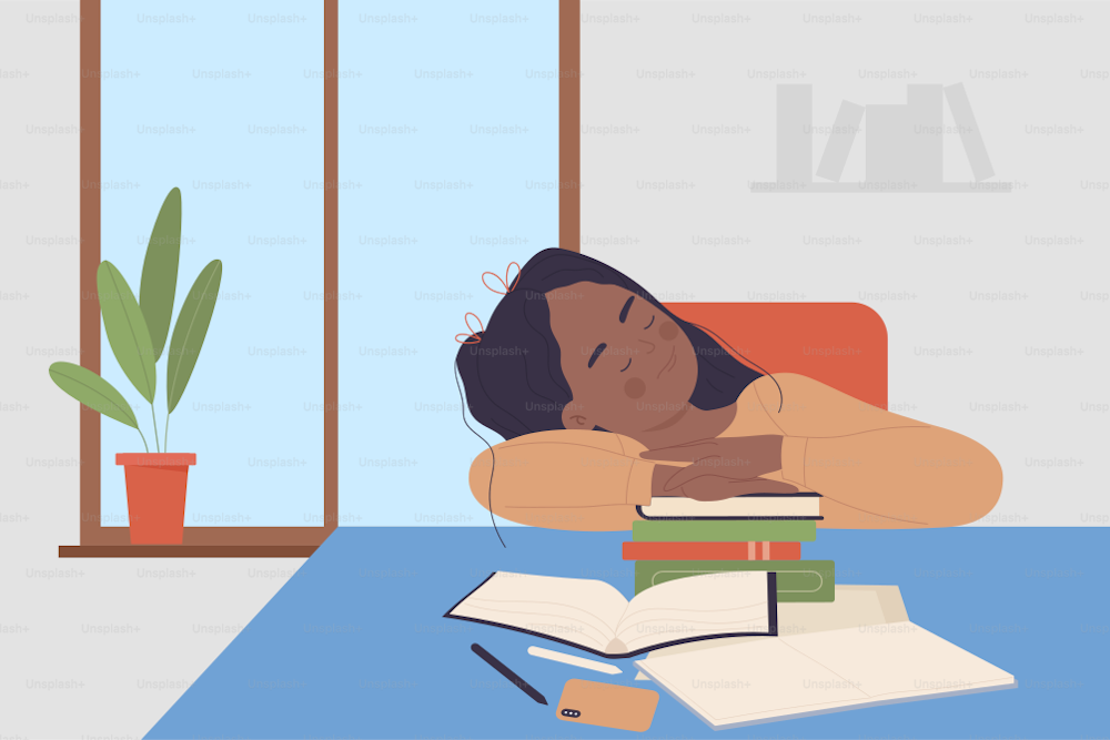 Tired girl studying at home, study fatigue vector illustration. Cartoon cute schoolgirl child character sleeping on stack of textbooks and books, teenager sitting at table in home interior background