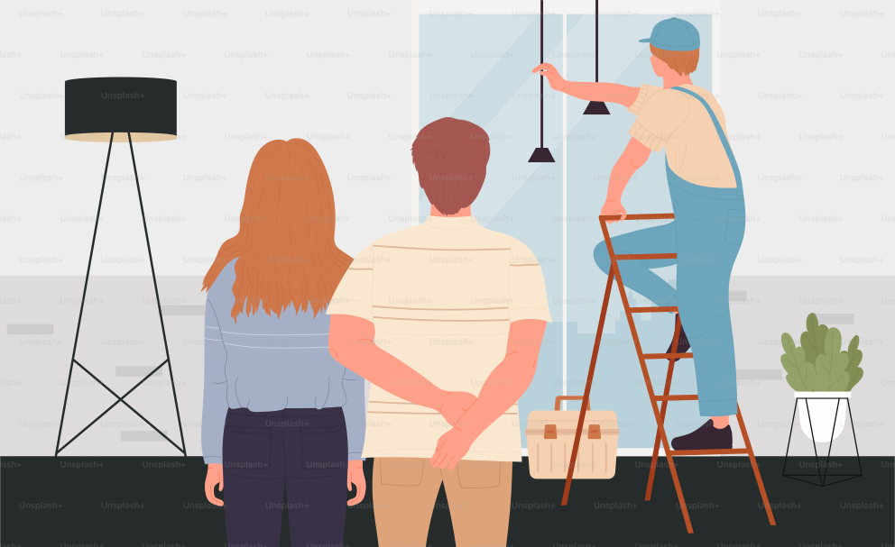 Electrician repair maintenance service for family people vector illustration. Cartoon technician man worker with toolbox fixing electric light equipment for living room interior of couple characters