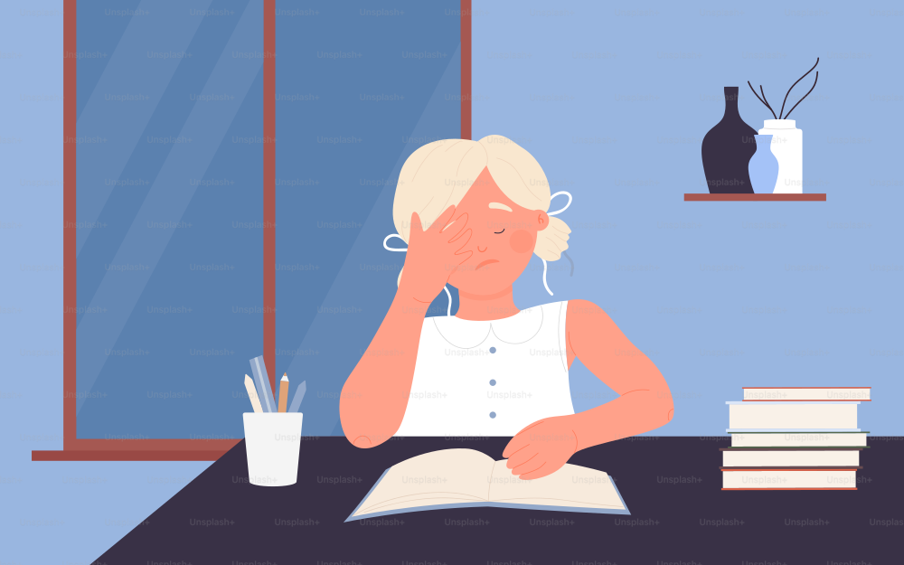 Tired child student doing homework late vector illustration. Cartoon girl character sitting at desk with books to study, overworking nerd pupil teenager learning at dark home interior background