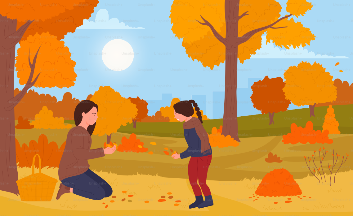 Herbstspaziergang des Spielens von Vektorillustrationen für Familienmenschen. Cartoon-glückliche Mutter-Tochter-Kind-Charaktere spielen mit orangefarbenen Herbstblättern und genießen die Freizeit im Naturpark und im Hintergrund der Herbstsaison