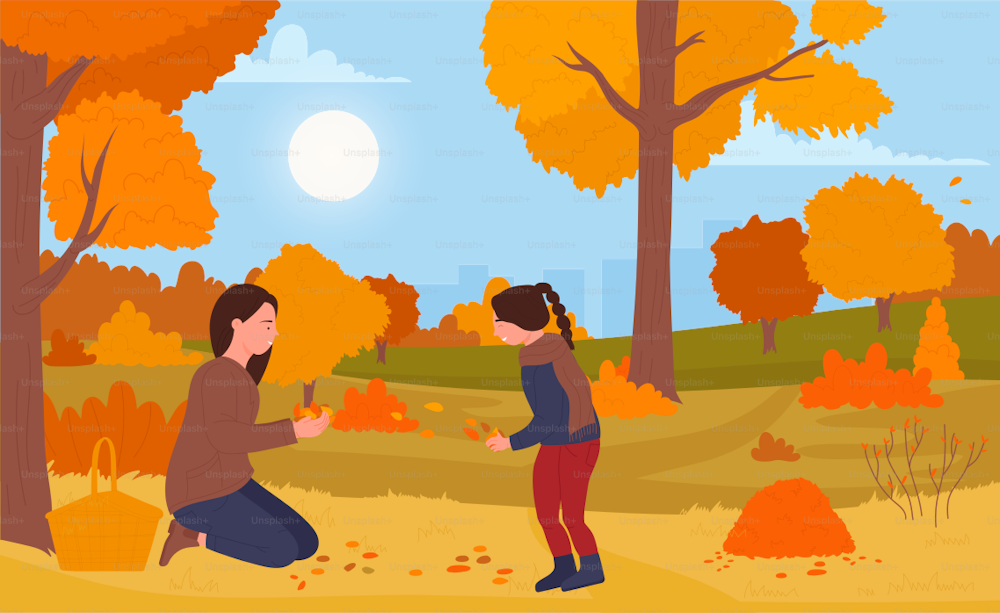가족 사람들 벡터 일러스트레이션을 연주하는 가을 산책. 만화 행복한 엄마와 딸 아이 캐릭터는 주황색 단풍을 가지고 놀며 자연 공원과 가을 시즌 배경에서 여가를 즐기고 있다