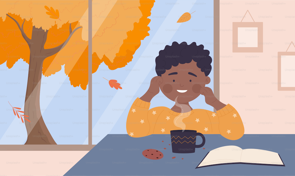Happy boy drinking hot tea or chocolate, child eating cookies and reading book vector illustration. Cartoon kid character sitting at table by window with autumn tree, studying at home background