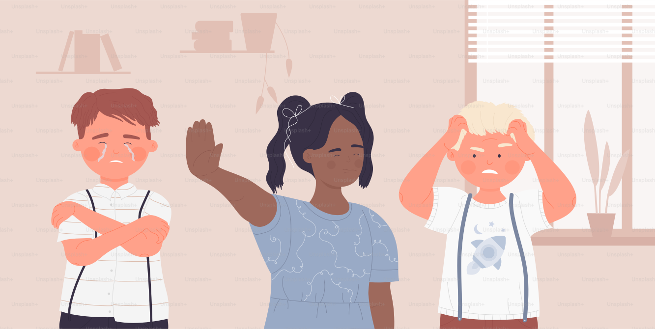 Kids bully, abuse friends students vector illustration. Cartoon victim boy child character crying, girl showing stop gesture to bullying at school, childhood bad behavior problem scene background
