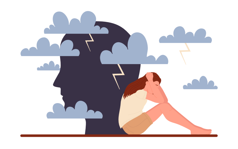 Wanita muda kesal yang sedih duduk di bawah awan hujan ilustrasi vektor emosi kecemasan. Gadis kesepian kartun berpikir tentang masalah. Konsep kesehatan mental, frustrasi, melankolis terisolasi pada putih
