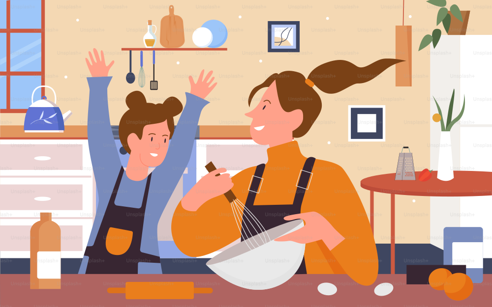 Mother and daughter cook together in kitchen vector illustration. Cartoon young woman parent in apron holding whisk and bowl to bake homemade cake with assistance of kid. Happy family time scene