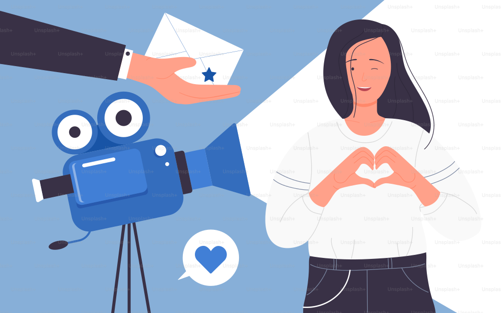 Social media blogging vector illustration. Cartoon blogger girl character showing heart gesture to followers, standing near camera to create video content for blog channel, recording web stream