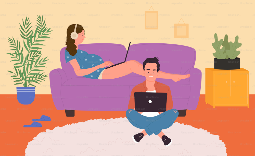 Husband and pregnant wife spend time together at home interior vector illustration. Cartoon woman in headphones listening to music, man sitting on living room floor with laptop. Happy family concept