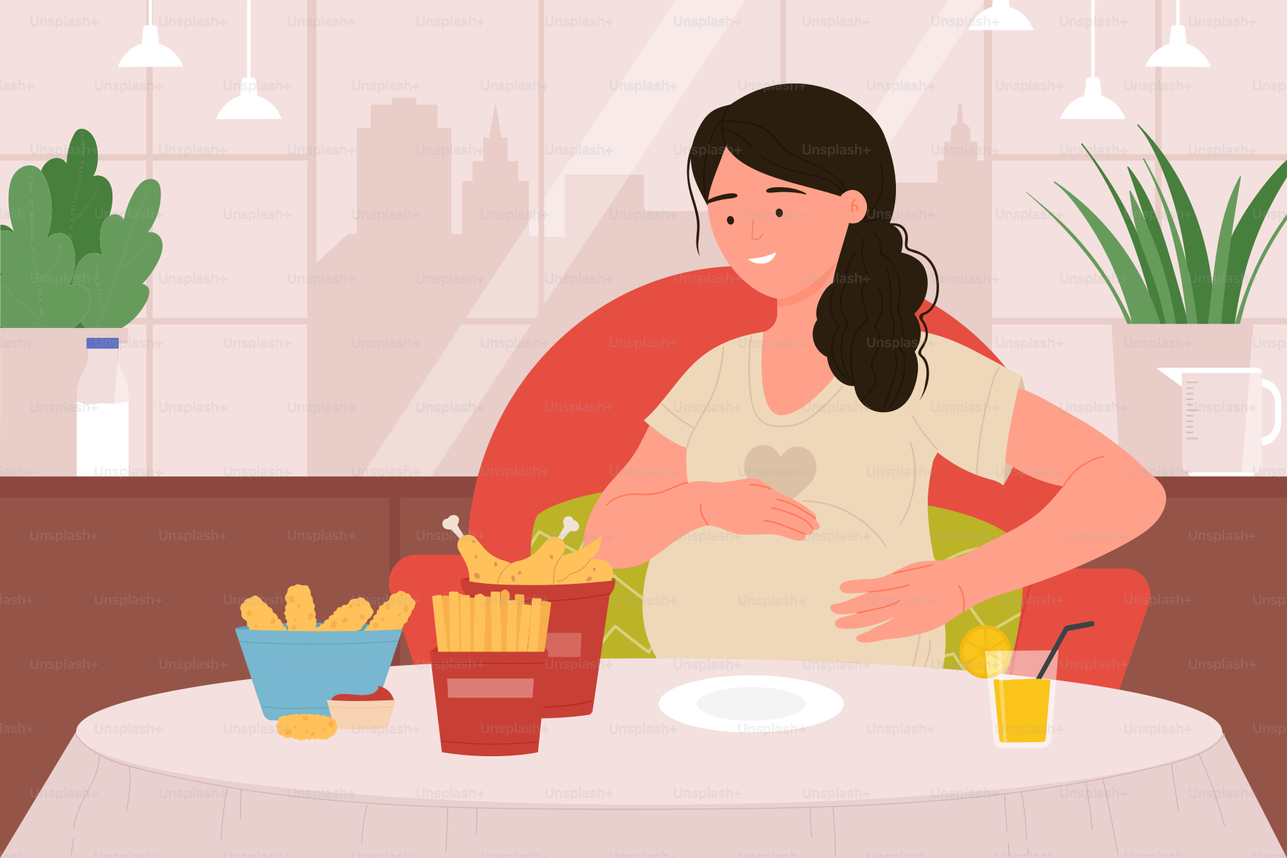 Mujer embarazada hambrienta comiendo ilustración vectorial. Personaje femenino de dibujos animados cogida de la mano sobre el vientre, sentada en una mesa llena de deliciosa comida rápida, eligiendo comida basura poco saludable en el fondo del menú de la cafetería