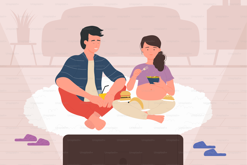 Pregnant wife and husband watch tv series or movie vector illustration. Cartoon couple, man woman characters sitting on carpet of home floor, future mother with belly eating. Happy family time concept