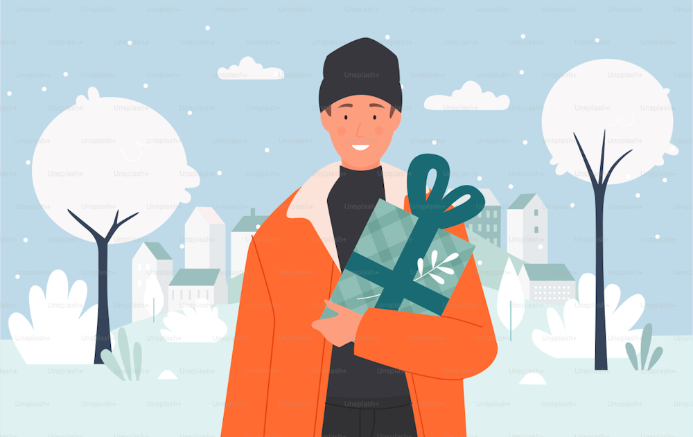 クリスマスプレゼントのベクターイラストを持つ少年。冬の休日のお祝いと歩く家の背景にクリスマスサプライズプレゼントボックスを持つ若い男性のキャラクター、漫画の雪の街の風景