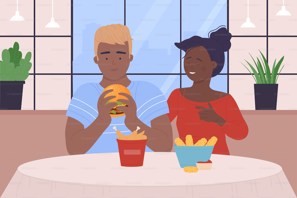 Couple people eat fast food in cafe vector illustration. Cartoon hungry teen male and female characters eating chicken nuggets, burger, enjoying fastfood meal together in cafeteria interior background