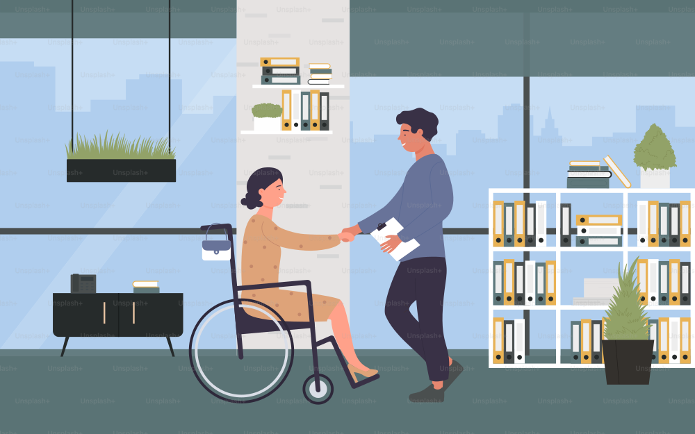 Work for disabled people, hiring vector illustration. Cartoon handicapped woman character sitting in wheelchair, shaking hand with boss in office interior. Disability employment, recruitment concept