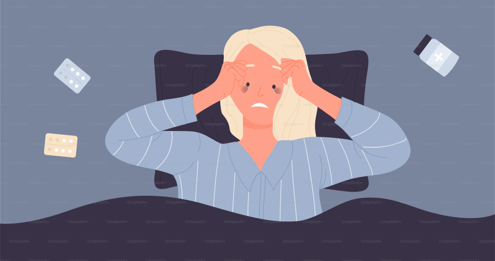 Woman with insomnia lying in bed, top view vector illustration. Cartoon sleepless female character suffering from sleeplessness, sleeping pills around. Insomnia treatment, problem of sleep concept