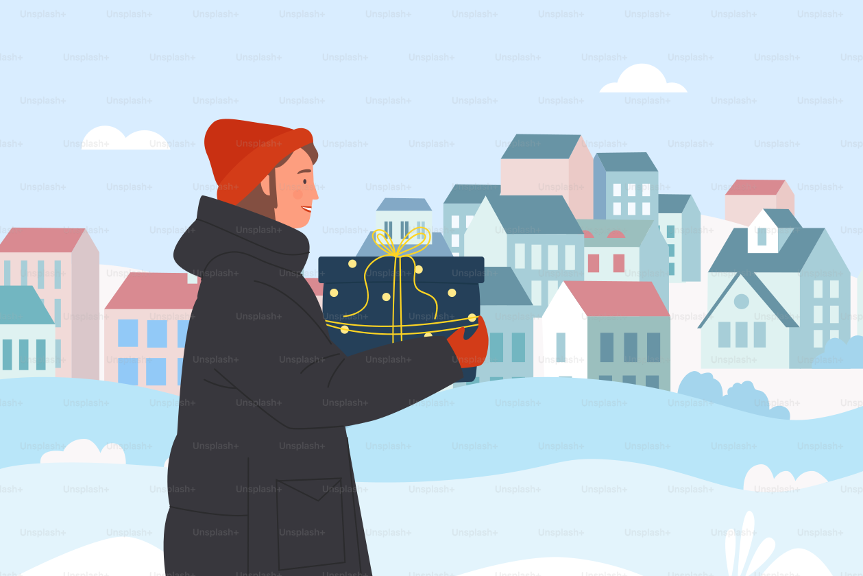 Girl with Christmas gift vector illustration. Cartoon young woman character holding surprise present box with ribbon to give family for winter holidays, snow landscape and Xmas celebration concept