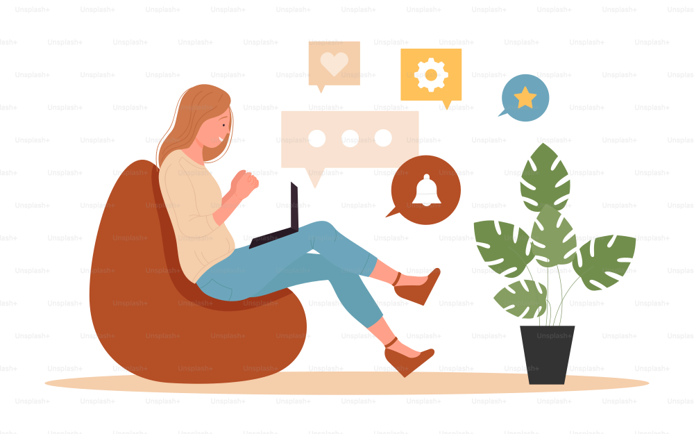 Online communication vector illustration. Cartoon young woman sitting in bean bag armchair with laptop, female freelancer character checking social media, liking and communicating with friends