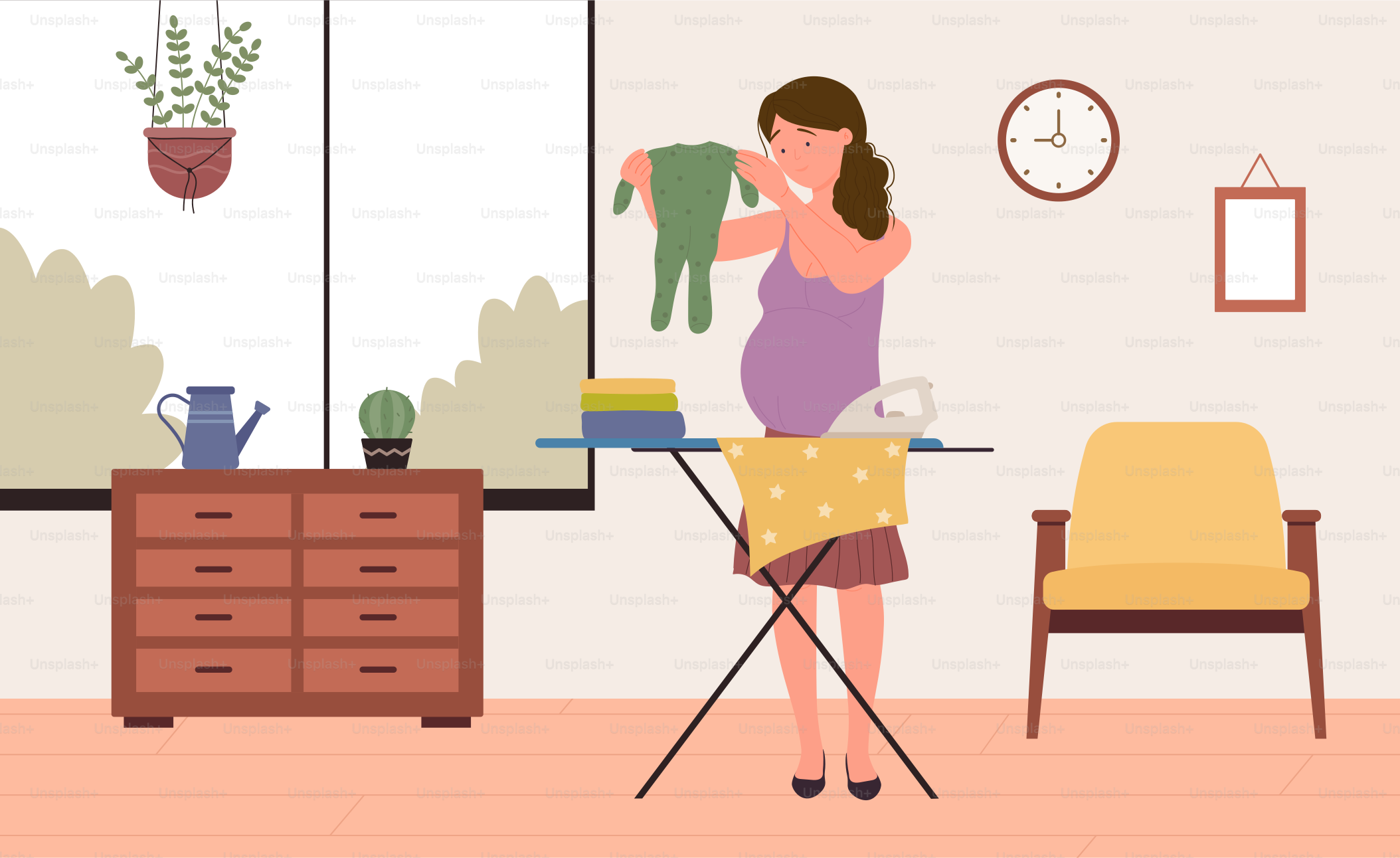 Pregnant woman preparing for birth of child vector illustration. Cartoon future mother character holding baby romper bodysuit, ironing clothes at home interior. Happy pregnancy, maternity concept