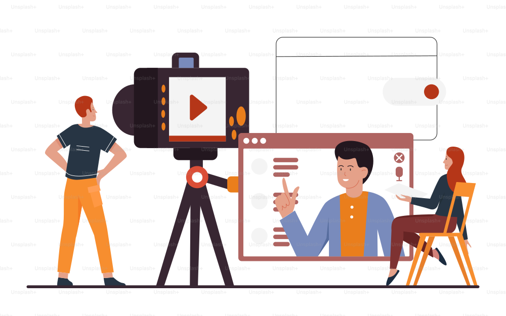 Video bloggers teamwork for recording video for channel in social media vector illustration. Cartoon marketing team of tiny man woman characters make vlog content, people using camera on tripod