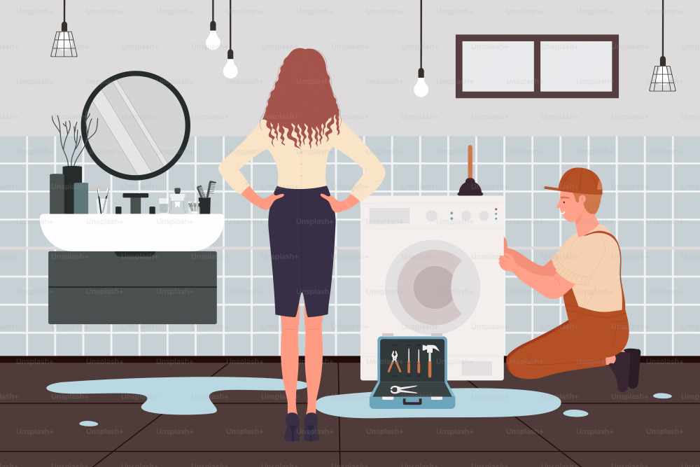 Plumbing repair service vector illustration. Cartoon business woman character standing near broken washing machine with puddles of water on bathroom floor, plumber man with toolbox repairing equipment