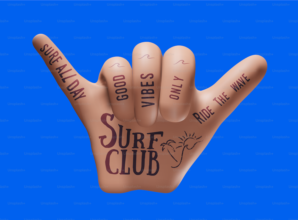 Surfer shaka segno del gesto della mano. Braccio realistico con tatuaggi da surf isolati su sfondo blu. Illustrazione vettoriale eps 10