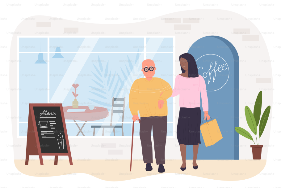 Hombre mayor con cuidador o enfermero caminando cerca de la cafetería ilustración vectorial. Joven de dibujos animados ayudando a una persona mayor con discapacidad. Concepto de servicio profesional de enfermería, recuperación y jubilación