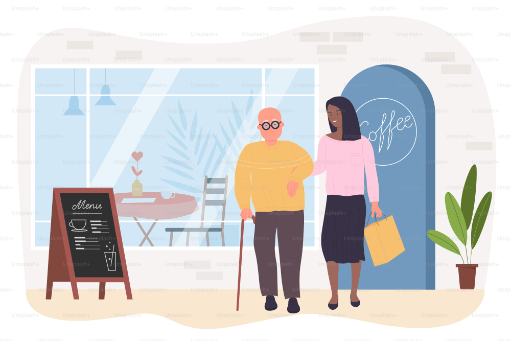 Senior man with caregiver or nurse walking near cafe vector illustration. Cartoon young woman assisting elderly person with disability. Professional nursing service, recovery, retirement concept