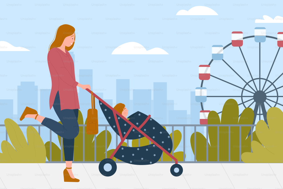 Mutter läuft mit dem Kind im Kinderwagen zusammen im Sommer City Park Vektorillustration. Cartoon-Spaziergang von Mama und Baby im Kinderwagen, urbane Landschaft mit Riesenrad. Konzept von Mutterschaft und glücklicher Familienzeit