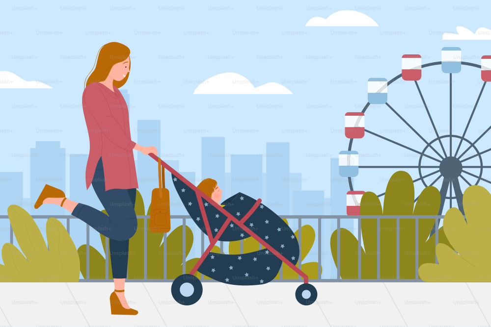 Mother walking with kid in stroller together in summer city park vector illustration. Cartoon walk of mom and baby in pram, urban landscape with ferris wheel. Motherhood, happy family time concept