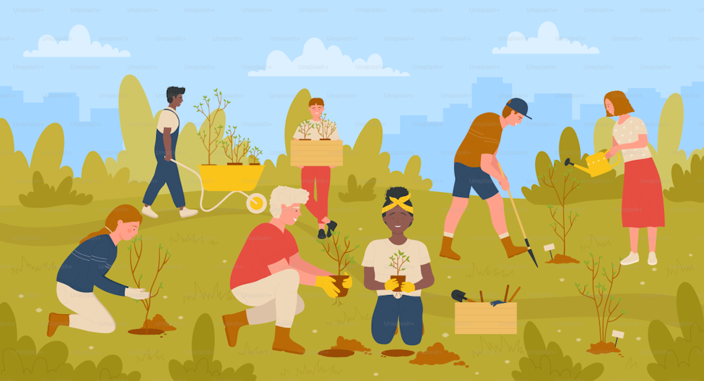Gardeners people work in eco garden together vector illustration. Cartoon community of children and adults volunteers gardening, persons planting seedlings of trees in green summer or spring park