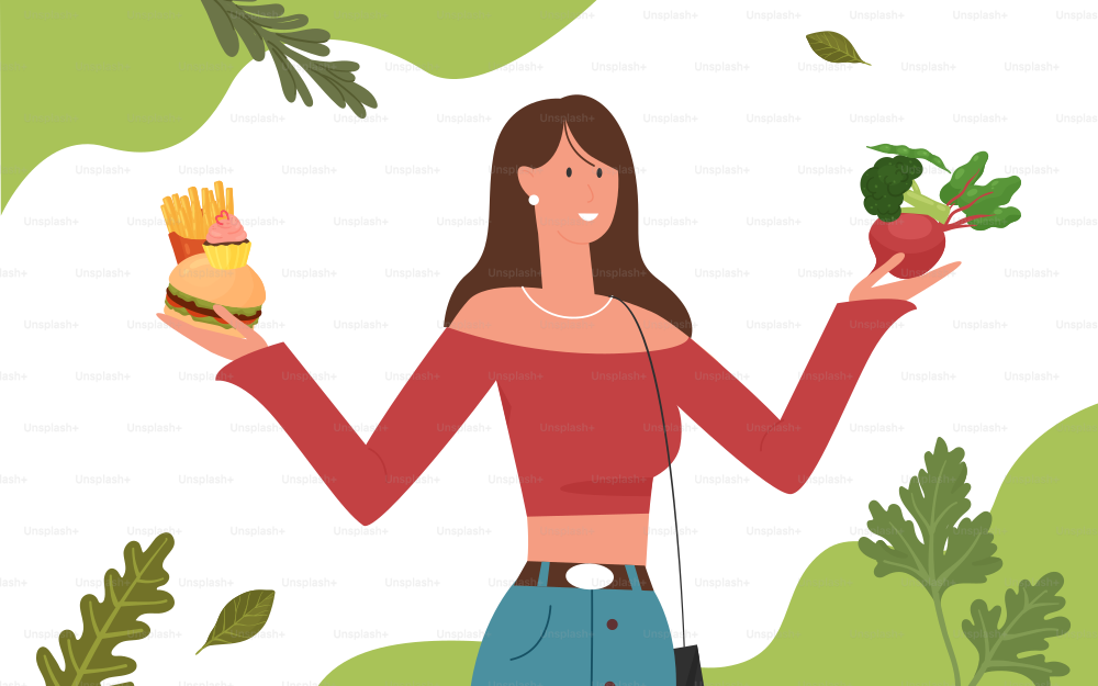 Woman choosing between healthy and unhealthy food vector illustration. Cartoon adult female character holding vegetables and fastfood in hands, girl thinking about diet. Choice for body health concept