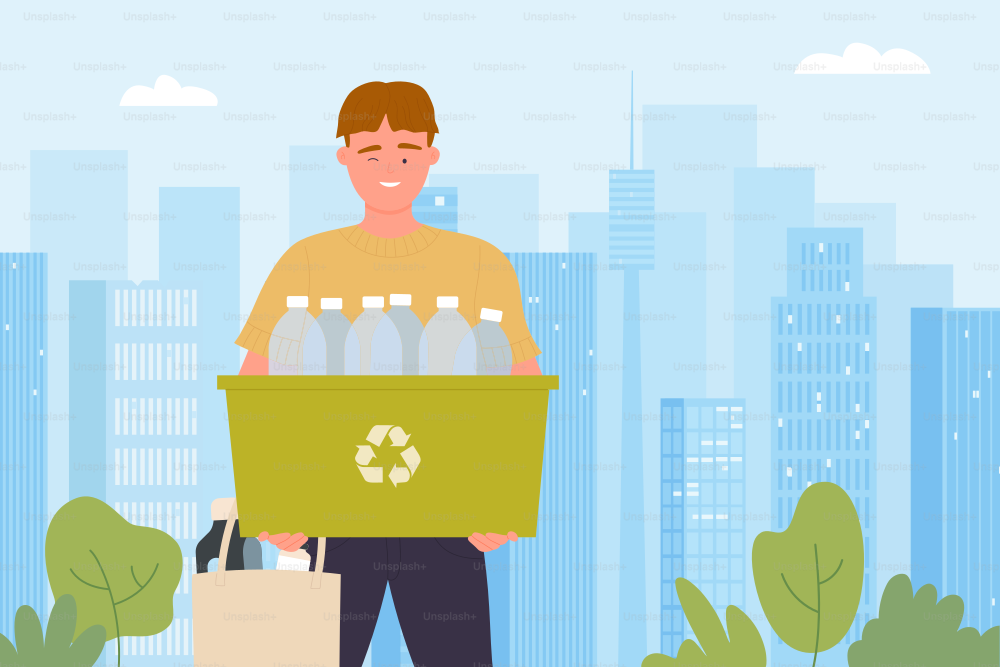 Volunteer holding container with recycle sign and plastic bottles to reuse vector illustration. Cartoon man sorting garbage to clean environment. Zero waste, sustainable eco friendly lifestyle concept