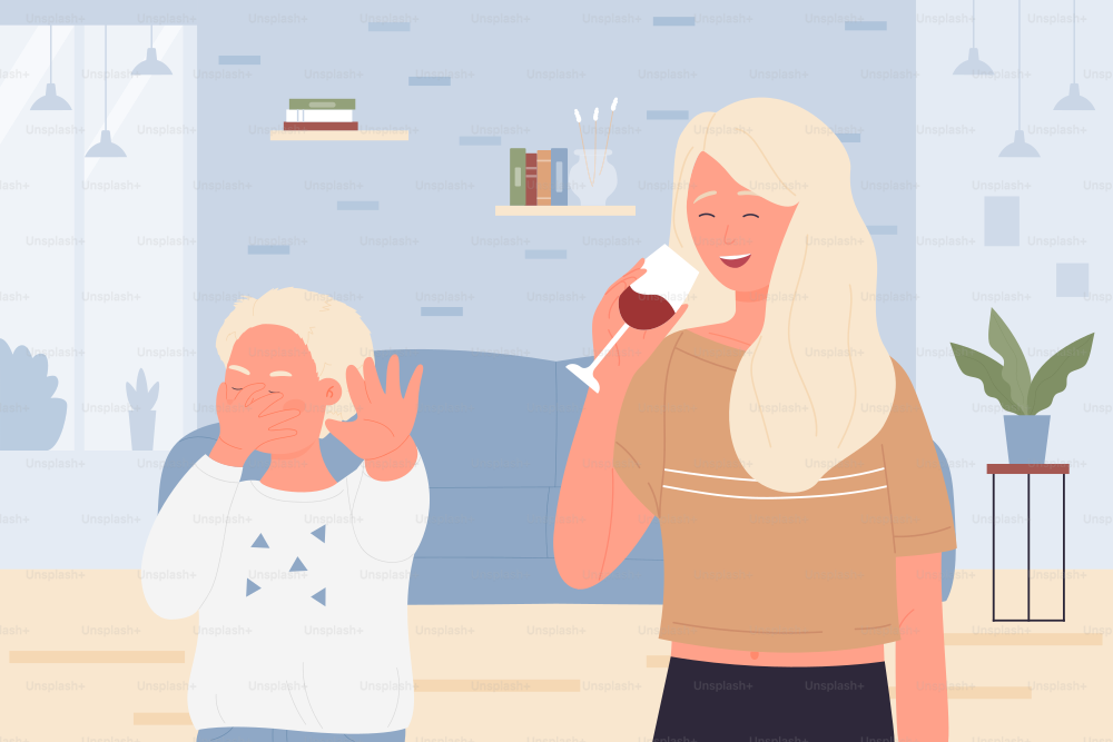 Kid angry about mother drinking wine at home vector illustration. Cartoon unhappy boy in stress by alcoholism problems of mom, drunk woman with glass. Alcohol drug addiction, family abuse concept