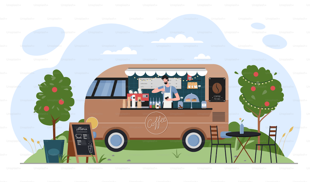Ilustración vectorial de café y camión de comida. Furgoneta de coche de dibujos animados con cafetería en la calle en el parque o carretera de la ciudad de verano, barista sirviendo café caliente para llevar o taza de café con leche, pequeño remolque móvil con fondo de vendedor