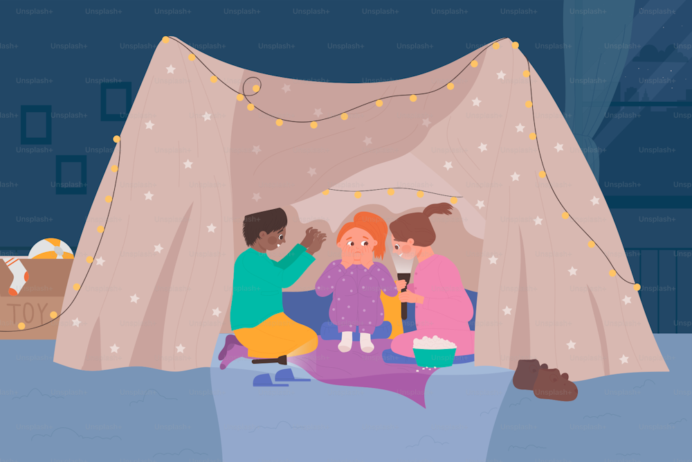 Kids sitting in home teepee together at night vector illustration. Cartoon cute girls listening magic horror story of boy storyteller, children hiding in homemade tent. Imagination, childhood concept