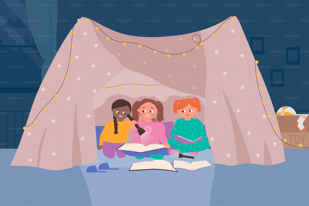 Cute kids read fairytale book in homemade tent vector illustration. Cartoon small happy children friends reading storybook about adventure and travel at home, girl holding flashlight. Study concept